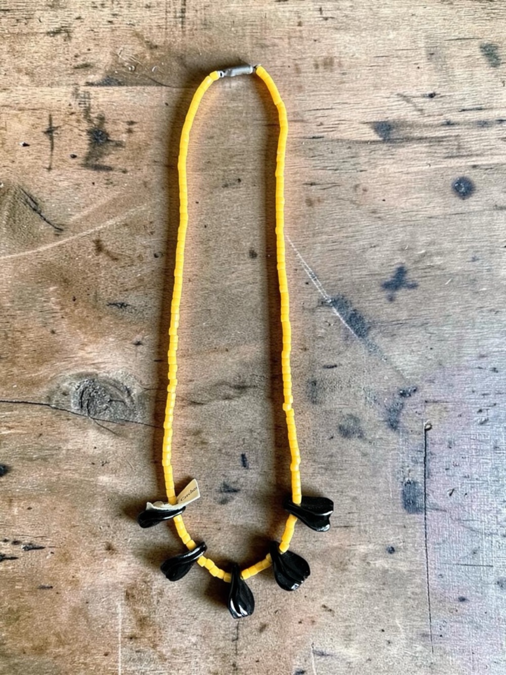 Vintage Czech Glass Beaded Necklace | Original Tags | Black & Yellow | Boho